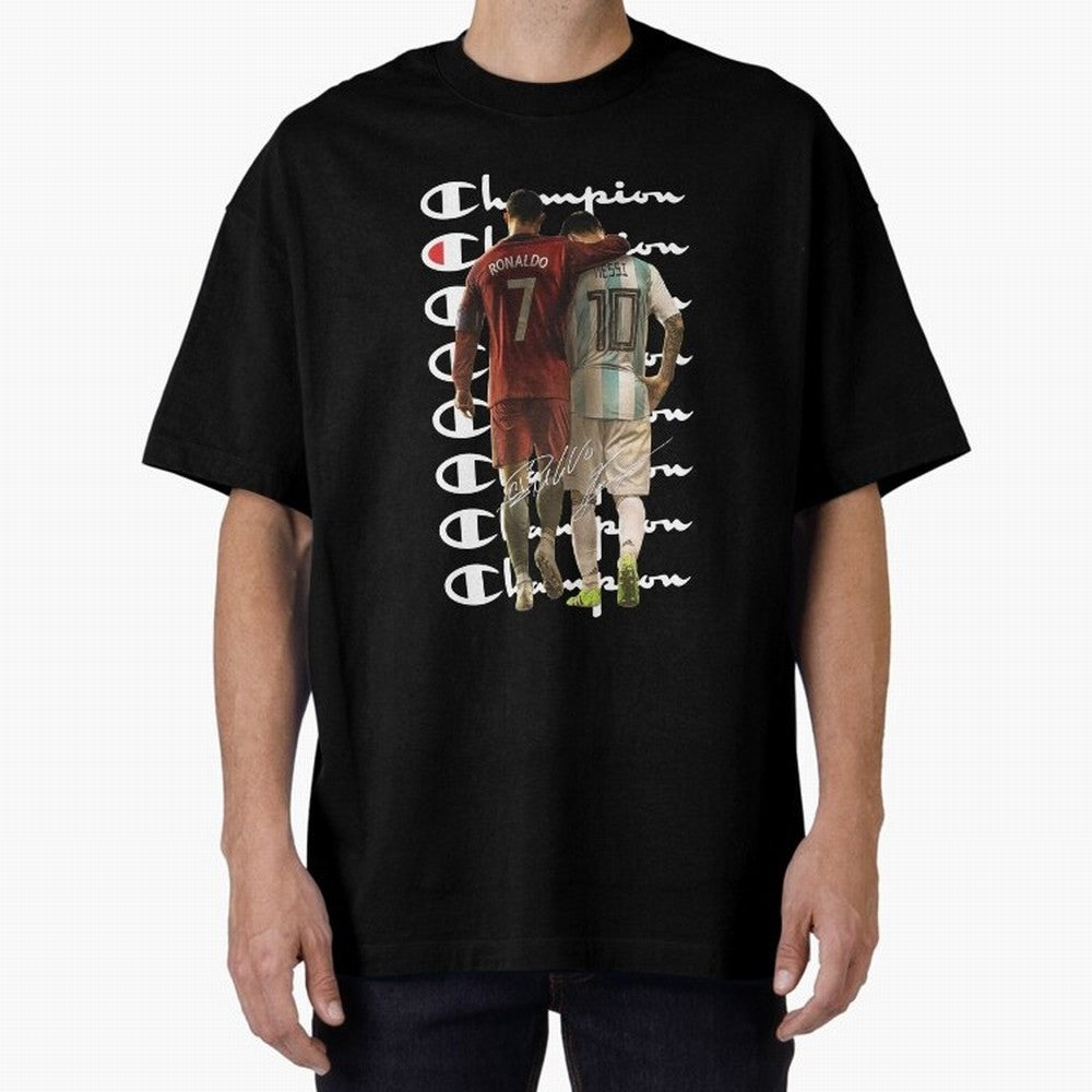 Ronaldos And Messis C-C-H-A-M-P-I-O-N-N Oversized T-Shirt Celebrate Golden Goal Energy in FIFA World Cup 2026 for Fans of Haaland and Netherlands, Bringing Championship Spirit, Famous Goals, Roaring Crowds and International Football Unity; Built