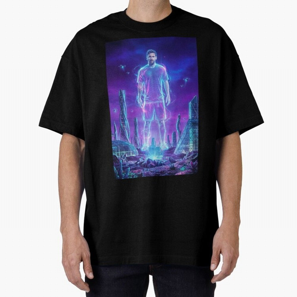 Lionel Messi (GOAT) Hologram in Futuristic Cyberpunk City (Version 5) Classic T-Shirt Live the Energy of the FIFA World Cup 2026 Group Stage Journey through Messi and Cristiano Ronaldo Highlights, Spain Pride, Soccer Culture, Superstar Moments,