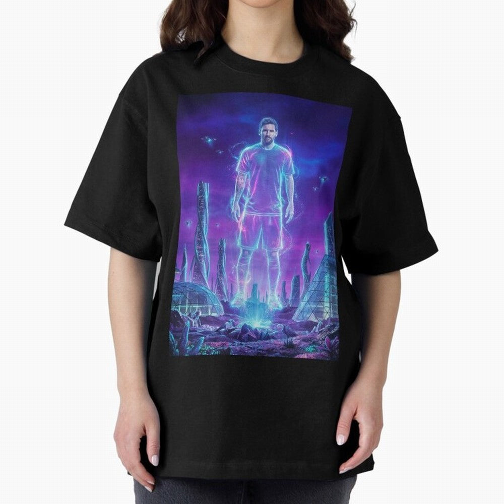 Lionel Messi (GOAT) Hologram in Futuristic Cyberpunk City (Version 5) Classic T-Shirt Live the Energy of the FIFA World Cup 2026 Group Stage Journey through Messi and Cristiano Ronaldo Highlights, Spain Pride, Soccer Culture, Superstar Moments,