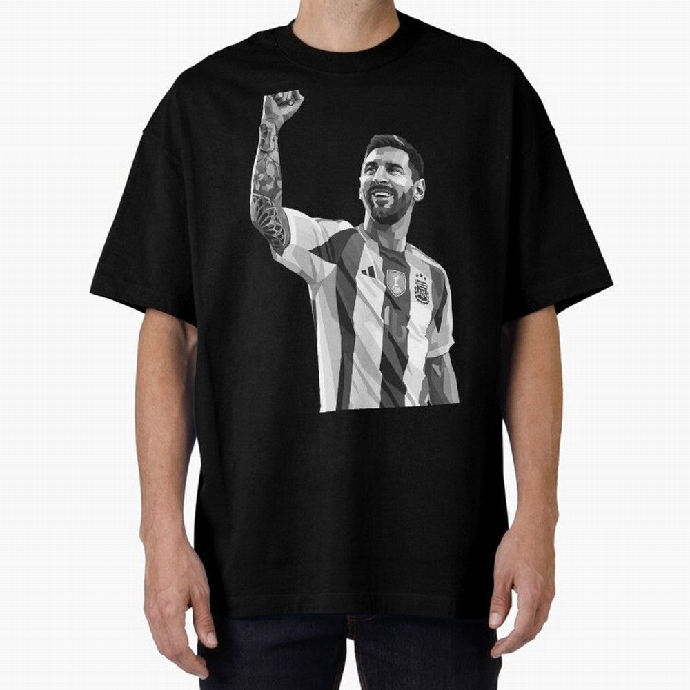 Messi grayscale Oversized T-Shirt Make Every Match About Global Football Passion for FIFA World Cup 2026 Group Stage, Highlighting Mbappe and Neymar, Argentina and Brazil, Goal Celebration Energy, Supporter Heritage, Football Icons and Worldwide