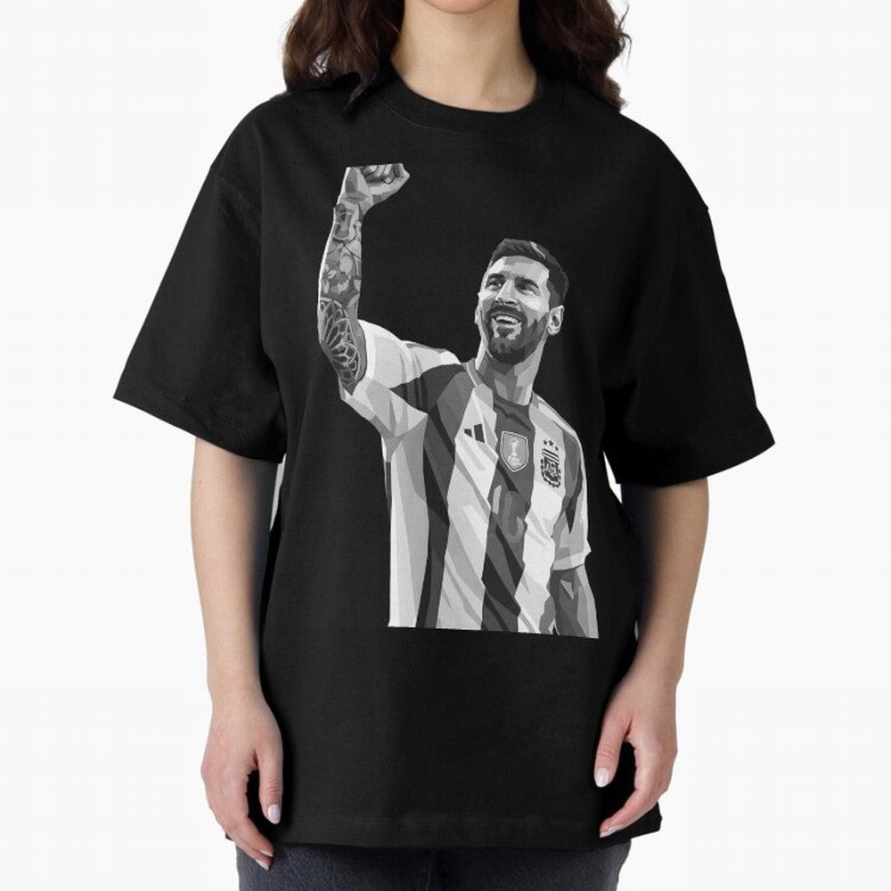 Messi grayscale Oversized T-Shirt Make Every Match About Global Football Passion for FIFA World Cup 2026 Group Stage, Highlighting Mbappe and Neymar, Argentina and Brazil, Goal Celebration Energy, Supporter Heritage, Football Icons and Worldwide