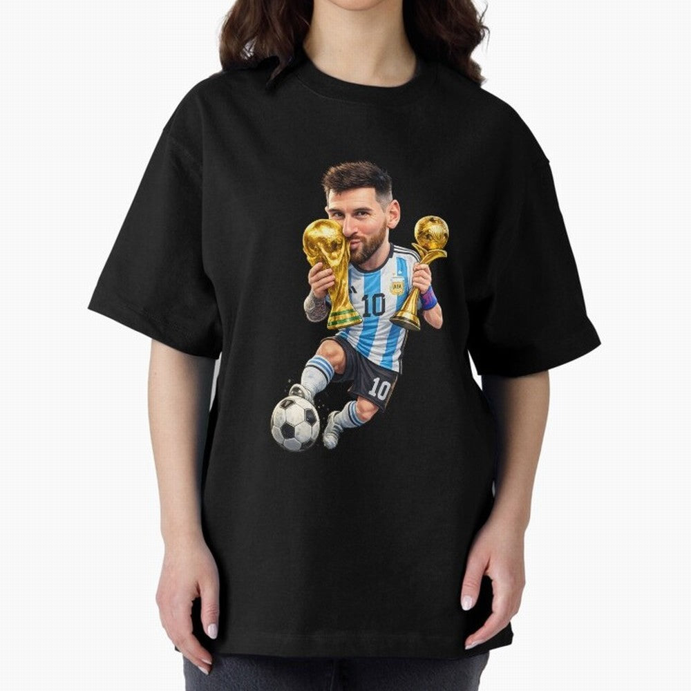 Lionel Messi ¨C Trophy King Caricature Oversized T-Shirt Celebrate Golden Goal Energy in Global Football Passion for FIFA World Cup 2026 Group Stage, Featuring Messi, CR7 and Mbappe, Spain, Champion Mindset, Group Stage Buzz, Knockout Tension and