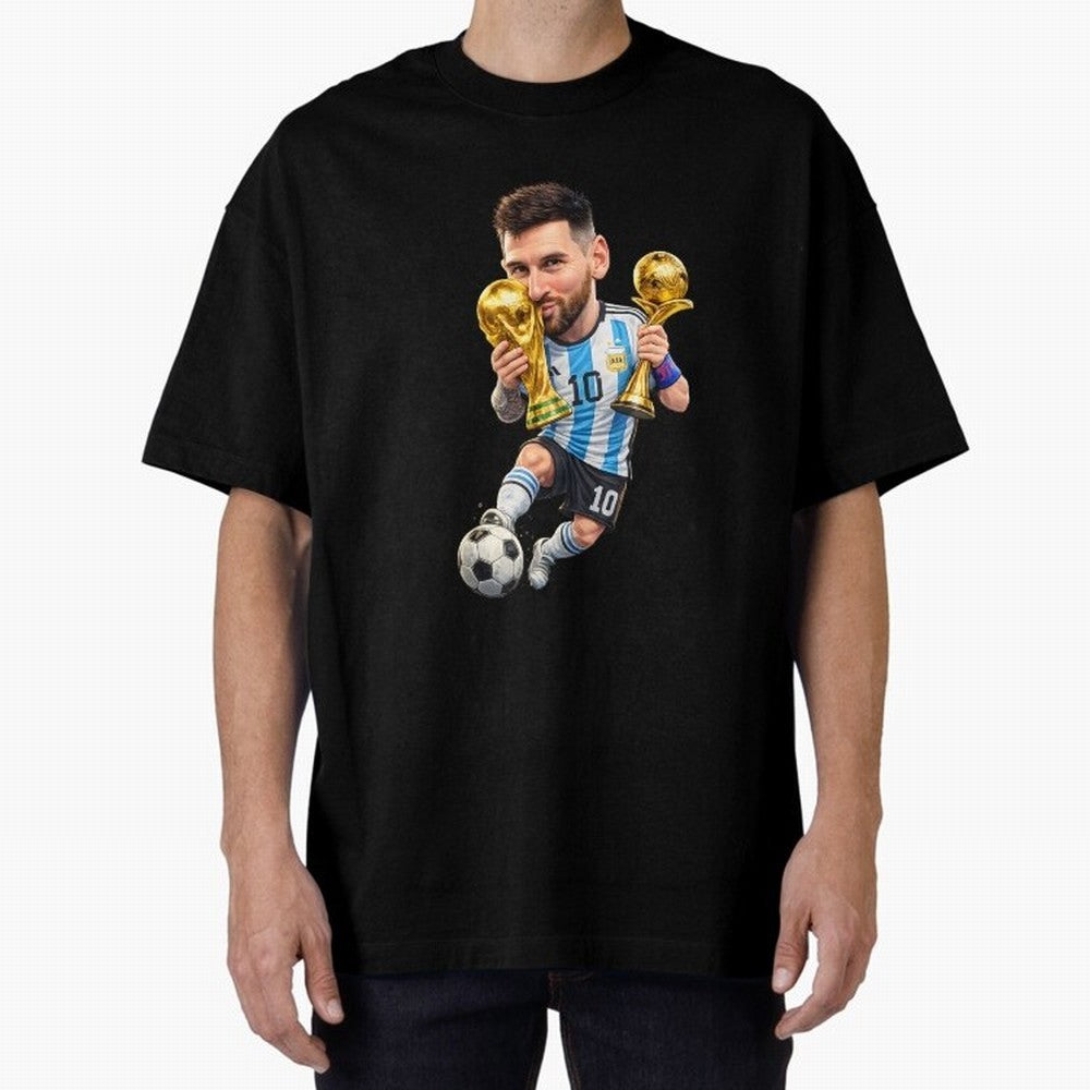 Lionel Messi ¨C Trophy King Caricature Oversized T-Shirt Celebrate Golden Goal Energy in Global Football Passion for FIFA World Cup 2026 Group Stage, Featuring Messi, CR7 and Mbappe, Spain, Champion Mindset, Group Stage Buzz, Knockout Tension and