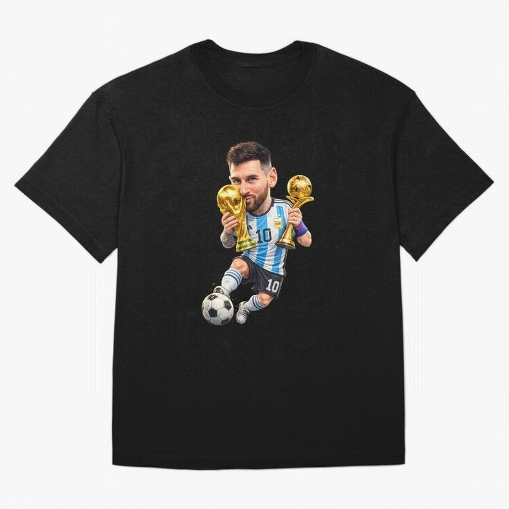 Lionel Messi ¨C Trophy King Caricature Oversized T-Shirt Celebrate Golden Goal Energy in Global Football Passion for FIFA World Cup 2026 Group Stage, Featuring Messi, CR7 and Mbappe, Spain, Champion Mindset, Group Stage Buzz, Knockout Tension and