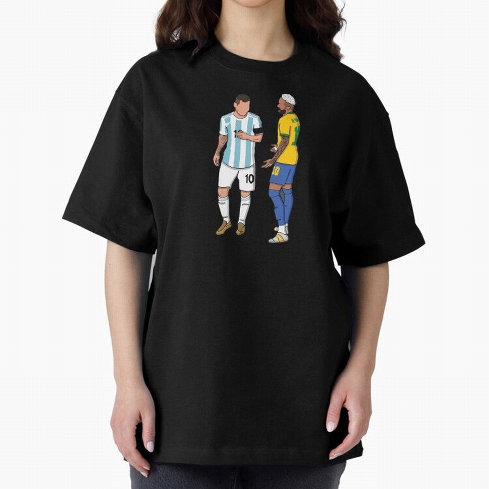 Messi and Neymar Chit Chat Illustration Oversized T-Shirt Bring Retro Soccer Energy to FIFA World Cup 2026 Group Stage Spirit, Highlighting Brazil, Messi, Neymar and Mbappe, Tournament Hype, Historic Matchups, Family Viewing Parties and Global