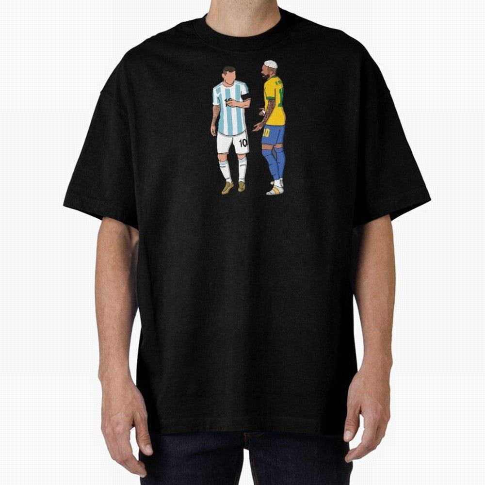 Messi and Neymar Chit Chat Illustration Oversized T-Shirt Bring Retro Soccer Energy to FIFA World Cup 2026 Group Stage Spirit, Highlighting Brazil, Messi, Neymar and Mbappe, Tournament Hype, Historic Matchups, Family Viewing Parties and Global