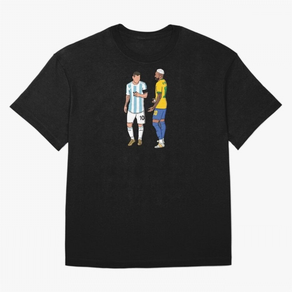 Messi and Neymar Chit Chat Illustration Oversized T-Shirt Bring Retro Soccer Energy to FIFA World Cup 2026 Group Stage Spirit, Highlighting Brazil, Messi, Neymar and Mbappe, Tournament Hype, Historic Matchups, Family Viewing Parties and Global