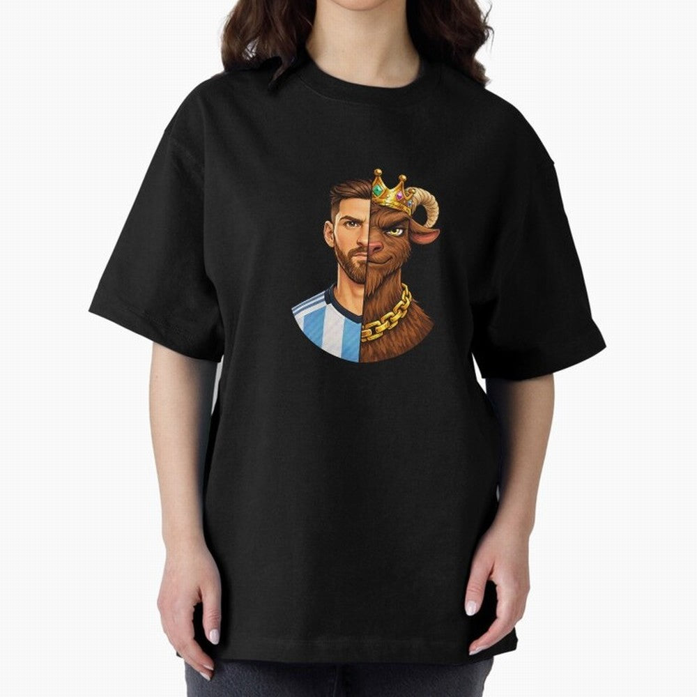Half Man Half GOAT - Lionel Messi Oversized T-Shirt Show Championship Spirit for FIFA World Cup 2026 Group Stage Featuring CR7 and Messi, England and Germany Energy, Fan Favorite Moments, National Team Passion, Big Match Drama and Soccer History;