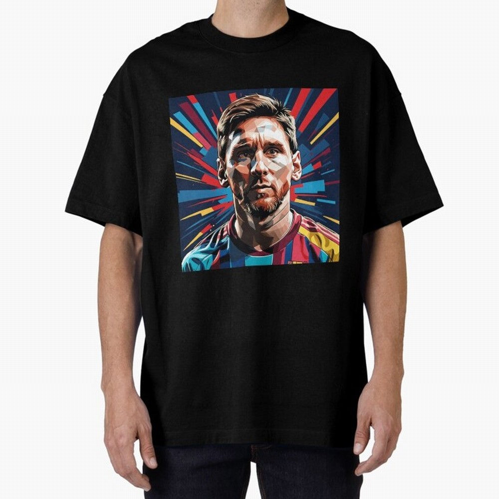 Lionel Messi Pop-Art Portrait Oversized T-Shirt Fuel FIFA World Cup 2026 USA Canada Mexico for Fans of Messi and Spain and Netherlands, Bringing Sports Nostalgia, International Competition, Famous Players and Unforgettable Victories; Perfect for