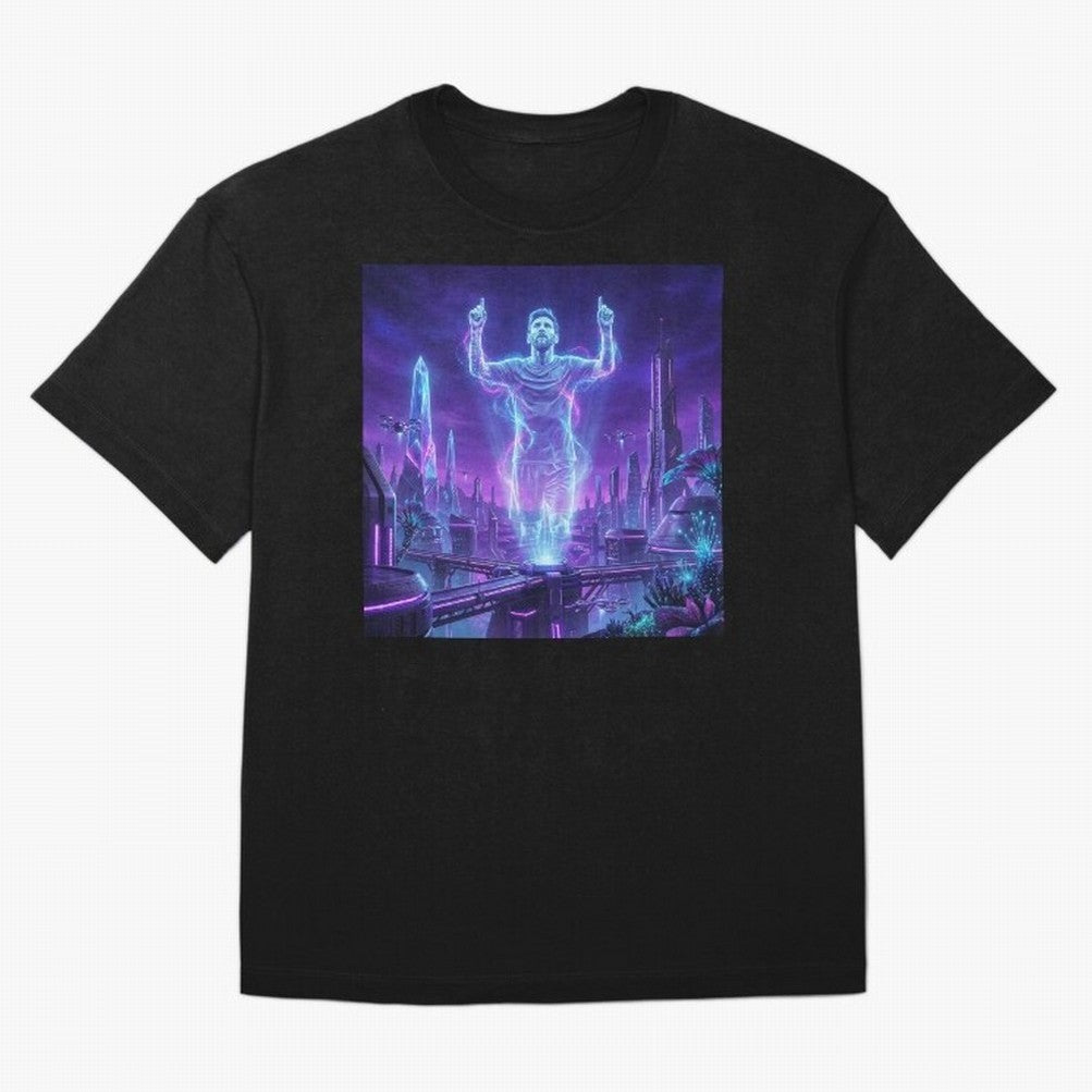 Lionel Messi (GOAT) Hologram in Futuristic Cyberpunk City (Version 2) Classic T-Shirt Celebrate Unforgettable Nights in the FIFA World Cup 2026 Group Stage Journey through Cristiano Ronaldo, Haaland and CR7 Highlights, Germany Pride, Game Day