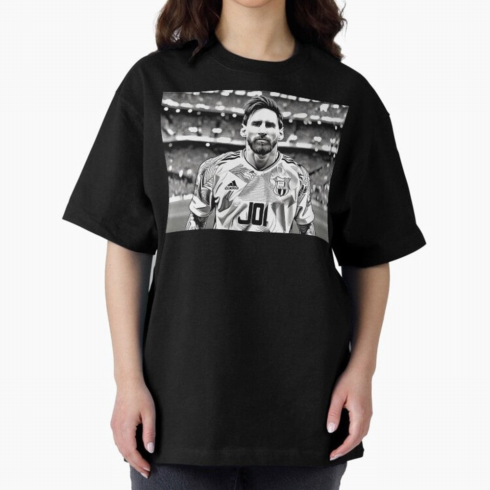 Messi Pop Art Portrait Oversized T-Shirt Celebrate Soccer Greatness during the FIFA World Cup 2026 USA Canada Mexico Journey through Cristiano Ronaldo Highlights, France and Portugal Pride, Classic Soccer Heritage, Championship Pressure, Fan