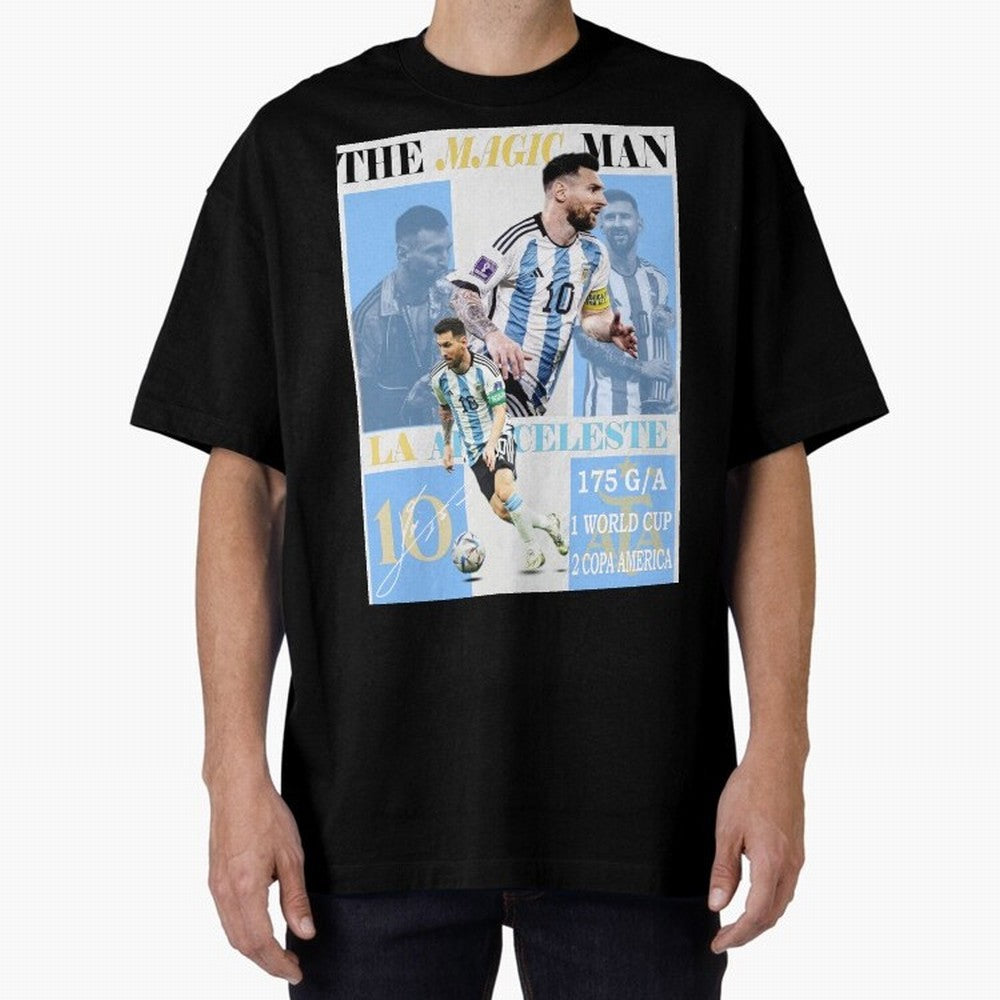 Lionel Messi Argentina World Cup 2022 Champion Victory Poster Oversized T-Shirt Bring Retro Soccer Energy to FIFA World Cup 2026 Group Stage Spirit, Highlighting Brazil, Messi, Neymar and Mbappe, Tournament Hype, Historic Matchups, Family Viewing