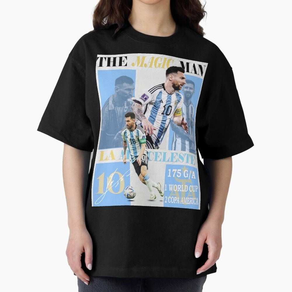 Lionel Messi Argentina World Cup 2022 Champion Victory Poster Oversized T-Shirt Bring Retro Soccer Energy to FIFA World Cup 2026 Group Stage Spirit, Highlighting Brazil, Messi, Neymar and Mbappe, Tournament Hype, Historic Matchups, Family Viewing
