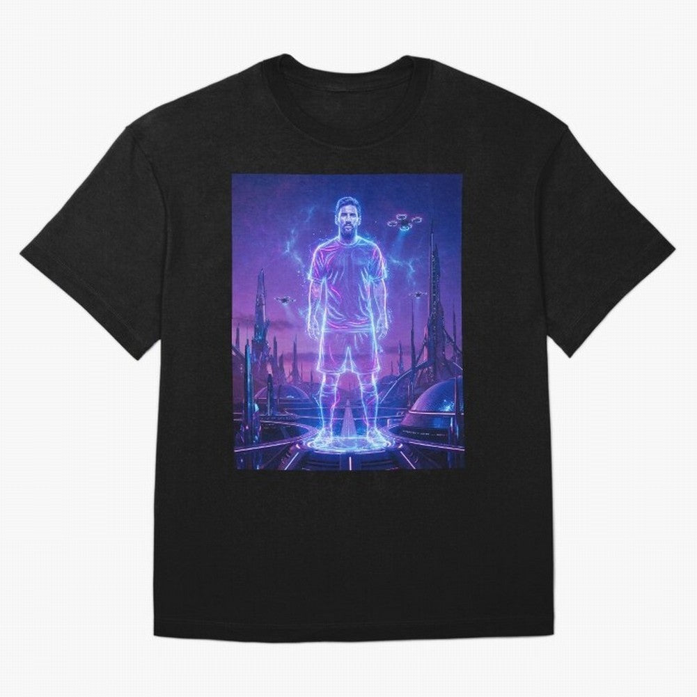 Lionel Messi (GOAT) Hologram in Futuristic Cyberpunk City (Version 4) Classic T-Shirt Turn Every Weekend Toward FIFA World Cup 2026 Group Stage Spirit, Capturing Argentina and Brazil, Neymar, Haaland and Cristiano Ronaldo, Game Day Rituals,