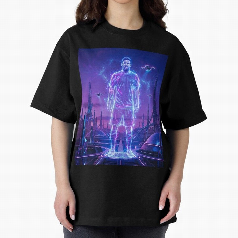 Lionel Messi (GOAT) Hologram in Futuristic Cyberpunk City (Version 4) Classic T-Shirt Turn Every Weekend Toward FIFA World Cup 2026 Group Stage Spirit, Capturing Argentina and Brazil, Neymar, Haaland and Cristiano Ronaldo, Game Day Rituals,