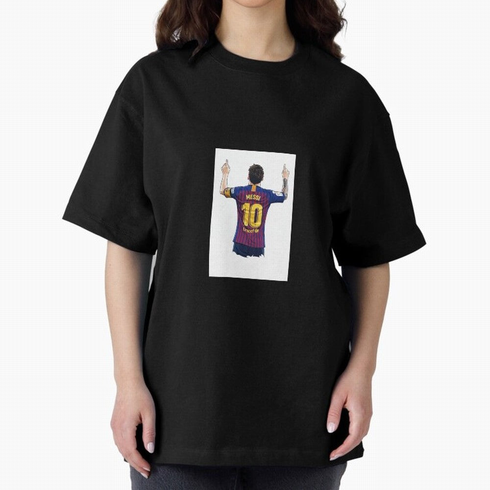 Lionel Messi Celebration Outline Barcelona FC Oversized T-Shirt Feel the Roar of Match Day Hype around FIFA World Cup 2026, Messi and Cristiano Ronaldo, France and Portugal, Retro Football Energy, Iconic Rivalries, Trophy Chase Drama and Stadium