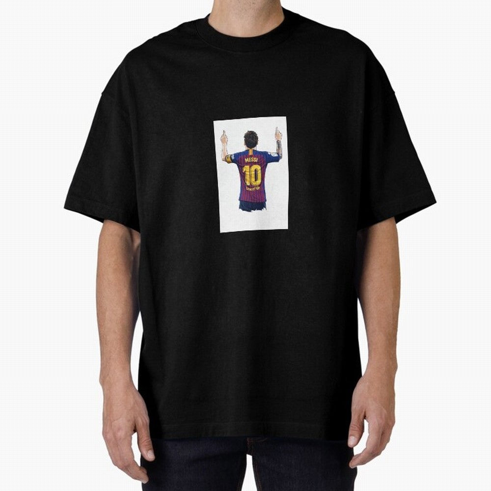 Lionel Messi Celebration Outline Barcelona FC Oversized T-Shirt Feel the Roar of Match Day Hype around FIFA World Cup 2026, Messi and Cristiano Ronaldo, France and Portugal, Retro Football Energy, Iconic Rivalries, Trophy Chase Drama and Stadium
