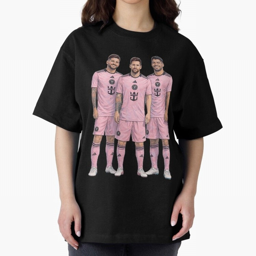 Messi, De Paul and Suarez Inter Miami artistic style ¨C MLS Soccer Oversized T-Shirt Celebrate Fan Favorites in FIFA World Cup 2026 Capturing Mbappe, Argentina Energy, Champion Mindset, Group Stage Buzz, Knockout Tension and Passionate Fan Culture;