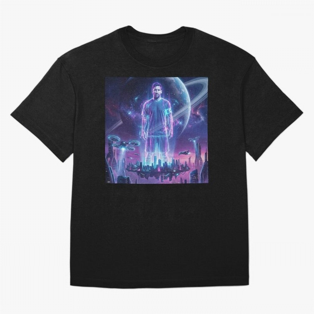 Lionel Messi (GOAT) Hologram in Futuristic Cyberpunk City (Version 3) Classic T-Shirt Celebrate Rivalries and Pride in FIFA World Cup 2026 USA Canada Mexico Spirit, Featuring Brazil, CR7, Fan Favorite Moments, National Team Passion, Big Match Drama
