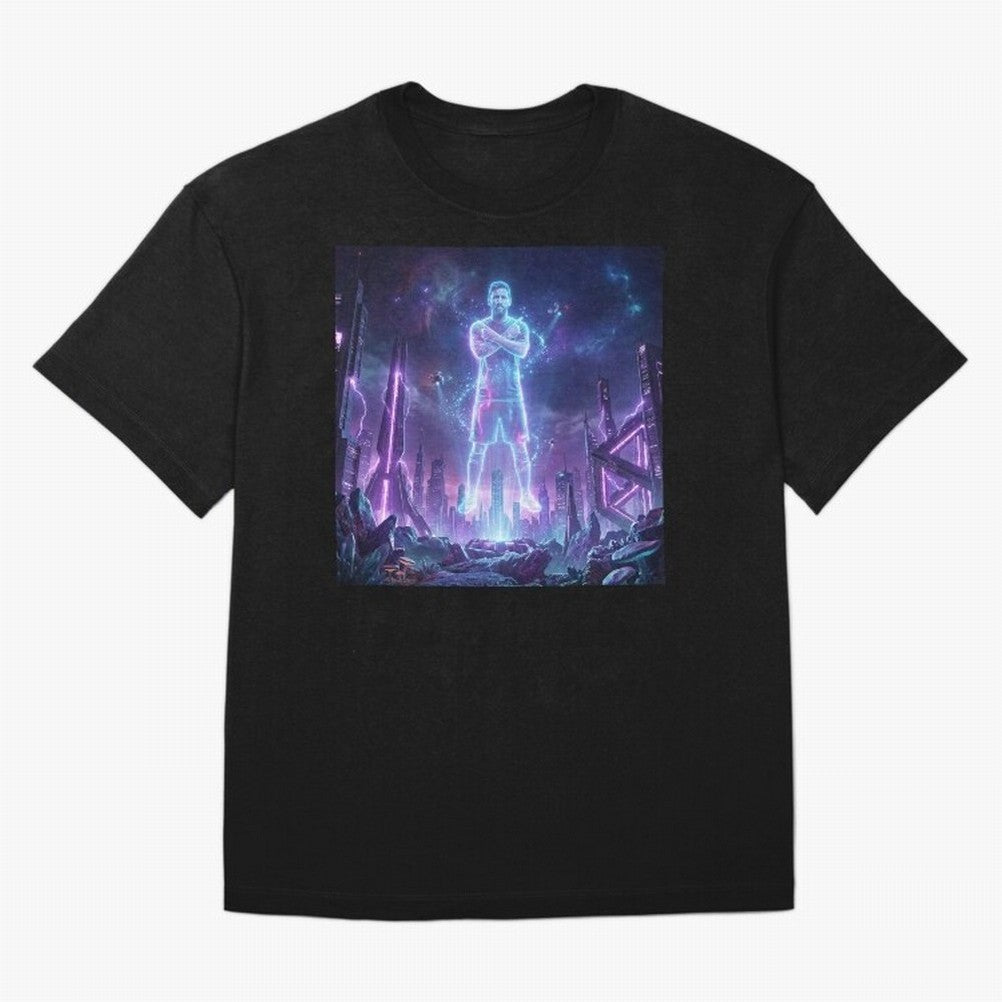 Lionel Messi (GOAT) Hologram in Futuristic Cyberpunk City Classic T-Shirt Honor the Beautiful Game during FIFA World Cup 2026 USA Canada Mexico for Fans of Mbappe and Neymar and Spain, Bringing Match Day Excitement, Supporter Culture, Golden Goals