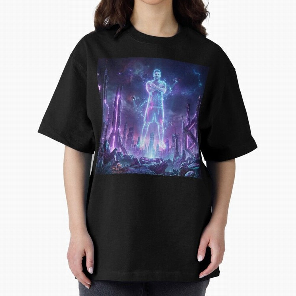 Lionel Messi (GOAT) Hologram in Futuristic Cyberpunk City Classic T-Shirt Honor the Beautiful Game during FIFA World Cup 2026 USA Canada Mexico for Fans of Mbappe and Neymar and Spain, Bringing Match Day Excitement, Supporter Culture, Golden Goals