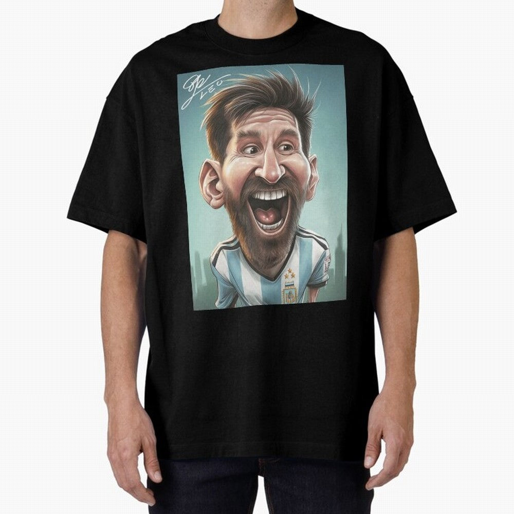 Lionel Messi Caricature Art with Autograph Oversized T-Shirt Support Iconic Players in FIFA World Cup 2026 USA Canada Mexico Spirit, Inspired by Brazil, Portugal and Argentina, CR7 and Messi, Stadium Chants, National Pride, Trophy Dreams and
