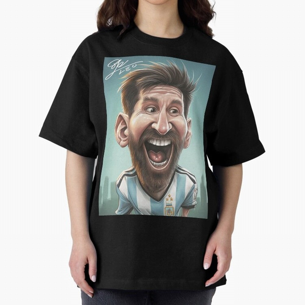 Lionel Messi Caricature Art with Autograph Oversized T-Shirt Support Iconic Players in FIFA World Cup 2026 USA Canada Mexico Spirit, Inspired by Brazil, Portugal and Argentina, CR7 and Messi, Stadium Chants, National Pride, Trophy Dreams and