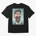 Lionel Messi Caricature Art with Autograph Oversized T-Shirt Support Iconic Players in FIFA World Cup 2026 USA Canada Mexico Spirit, Inspired by Brazil, Portugal and Argentina, CR7 and Messi, Stadium Chants, National Pride, Trophy Dreams and