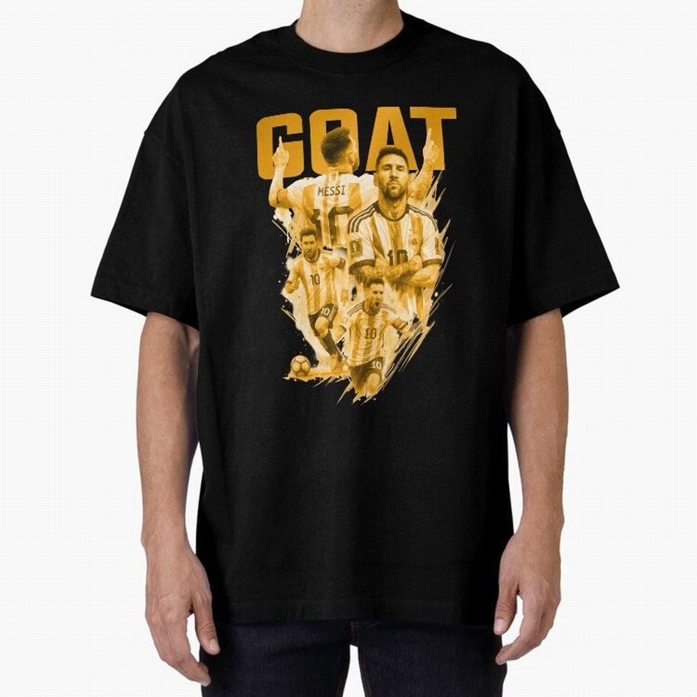 GOLD GOAT Lionel Messi watercolor illustration Oversized T-Shirt Bring a Champion Mindset to Global Football Passion for FIFA World Cup 2026 USA Canada Mexico, Inspired by CR7, England and Germany, Championship Spirit, Famous Goals, Roaring Crowds