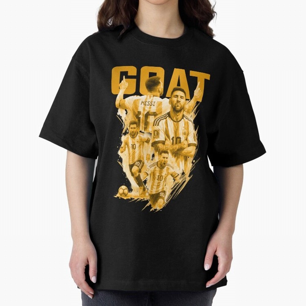 GOLD GOAT Lionel Messi watercolor illustration Oversized T-Shirt Bring a Champion Mindset to Global Football Passion for FIFA World Cup 2026 USA Canada Mexico, Inspired by CR7, England and Germany, Championship Spirit, Famous Goals, Roaring Crowds