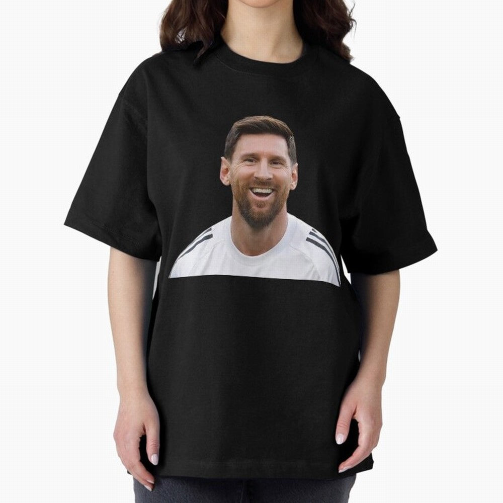 Lionel Messi smiling Oversized T-Shirt Capture Stadium Memories from the FIFA World Cup 2026 Journey through Messi and Cristiano Ronaldo Highlights, Portugal, Spain and Germany Pride, Soccer Culture, Superstar Moments, National Team Dreams and