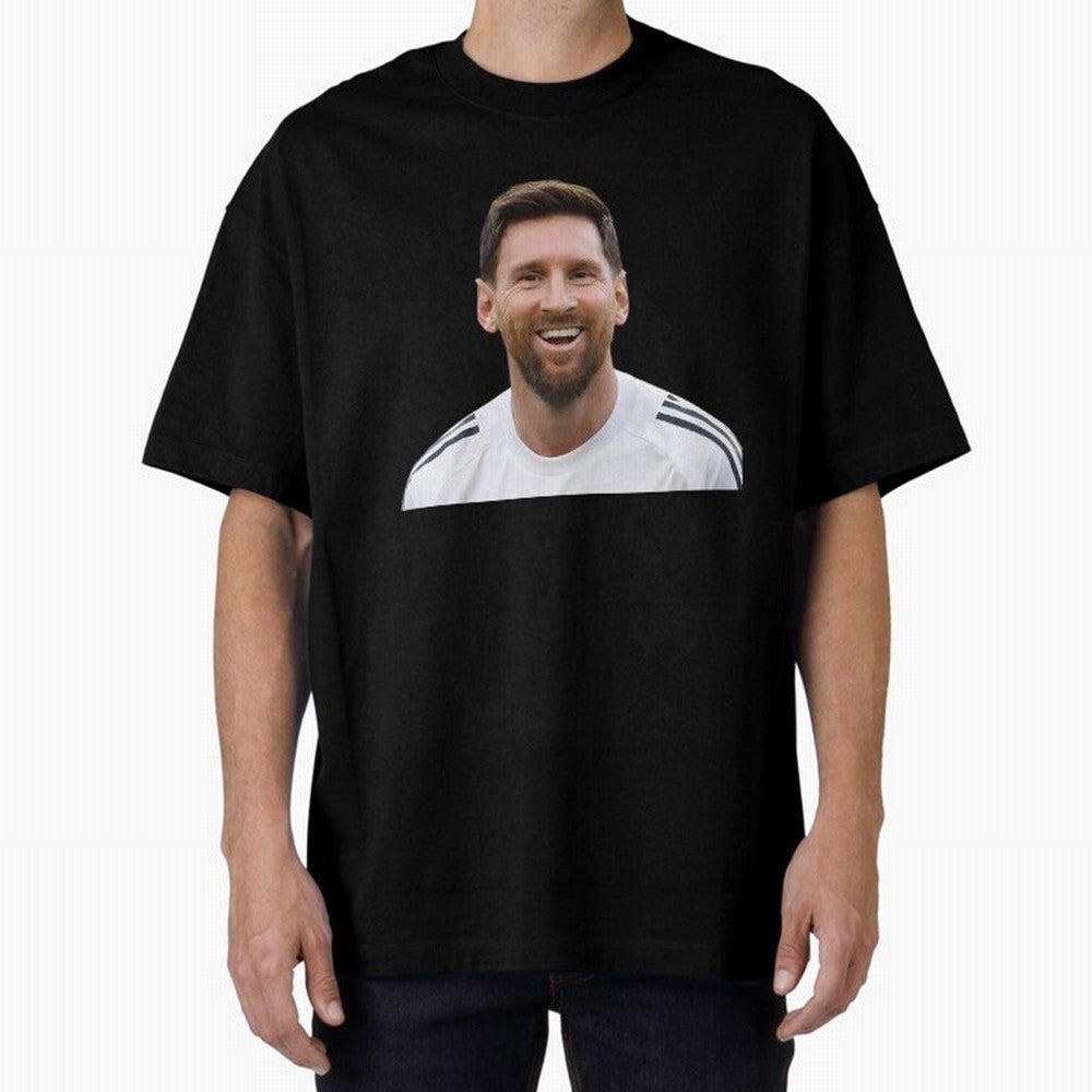 Lionel Messi smiling Oversized T-Shirt Capture Stadium Memories from the FIFA World Cup 2026 Journey through Messi and Cristiano Ronaldo Highlights, Portugal, Spain and Germany Pride, Soccer Culture, Superstar Moments, National Team Dreams and