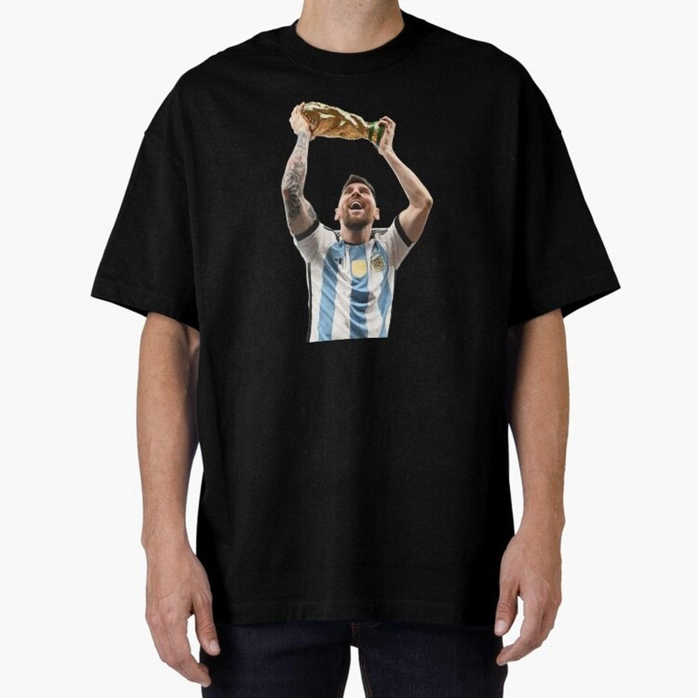 Lionel Messi lifting the World Cup Classic T-Shirt Capture Match Day Hype around FIFA World Cup 2026 USA Canada Mexico, Cristiano Ronaldo, Brazil, Portugal and Argentina, Worldwide Fan Energy, Dramatic Goals, Stadium Lights and Championship