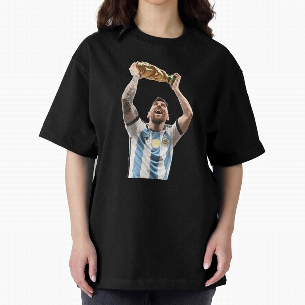 Lionel Messi lifting the World Cup Classic T-Shirt Capture Match Day Hype around FIFA World Cup 2026 USA Canada Mexico, Cristiano Ronaldo, Brazil, Portugal and Argentina, Worldwide Fan Energy, Dramatic Goals, Stadium Lights and Championship