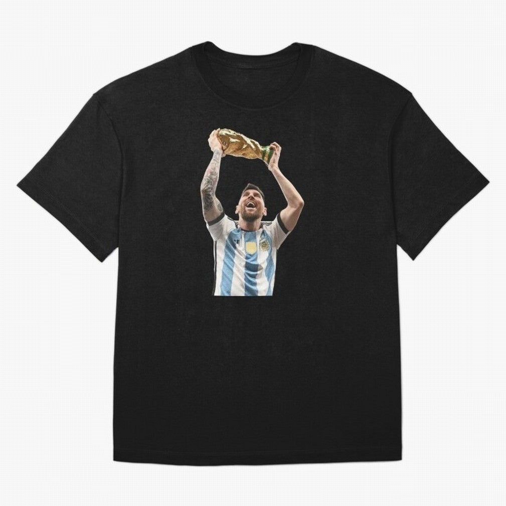 Lionel Messi lifting the World Cup Classic T-Shirt Capture Match Day Hype around FIFA World Cup 2026 USA Canada Mexico, Cristiano Ronaldo, Brazil, Portugal and Argentina, Worldwide Fan Energy, Dramatic Goals, Stadium Lights and Championship