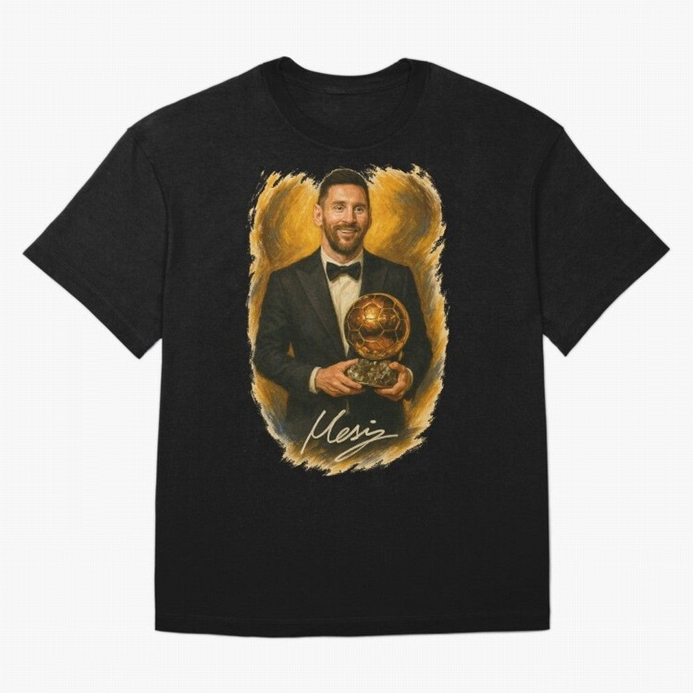 Lionel Messi Ballon d'Or Portrait ¨C Football Legend in Tuxedo Holding Trophy Classic T-Shirt Bring Retro Soccer Energy to Global Football Passion for FIFA World Cup 2026, Made for Haaland and Mbappe, France, Sports Nostalgia, International