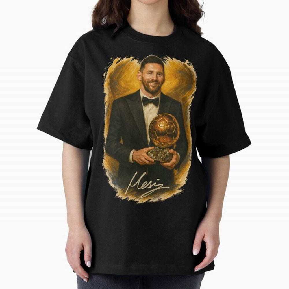 Lionel Messi Ballon d'Or Portrait ¨C Football Legend in Tuxedo Holding Trophy Classic T-Shirt Bring Retro Soccer Energy to Global Football Passion for FIFA World Cup 2026, Made for Haaland and Mbappe, France, Sports Nostalgia, International