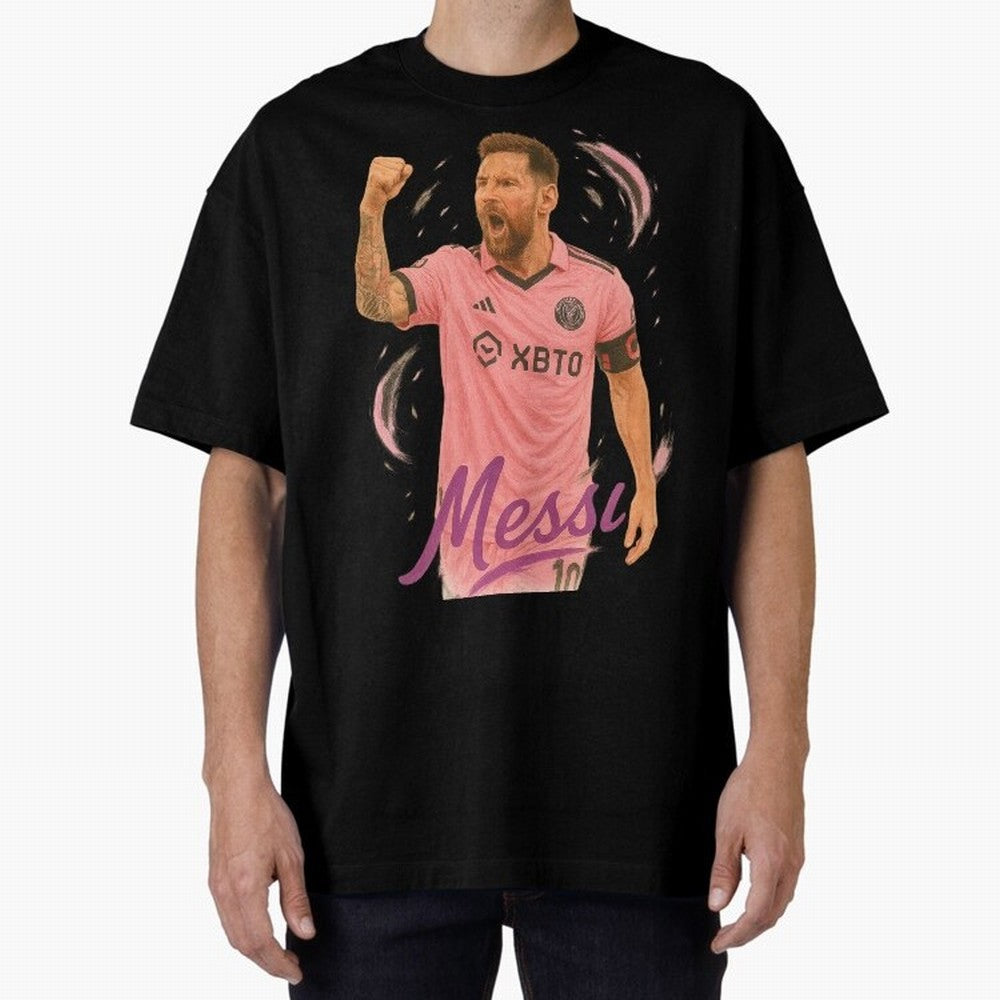 Lionel Messi Inter Miami Art ¨C Pink Jersey Football Icon Tribute	 Oversized T-Shirt Celebrate Global Passion for FIFA World Cup 2026 for Fans of Haaland and Brazil, Portugal and Argentina, Bringing Goal Celebration Energy, Supporter Heritage,