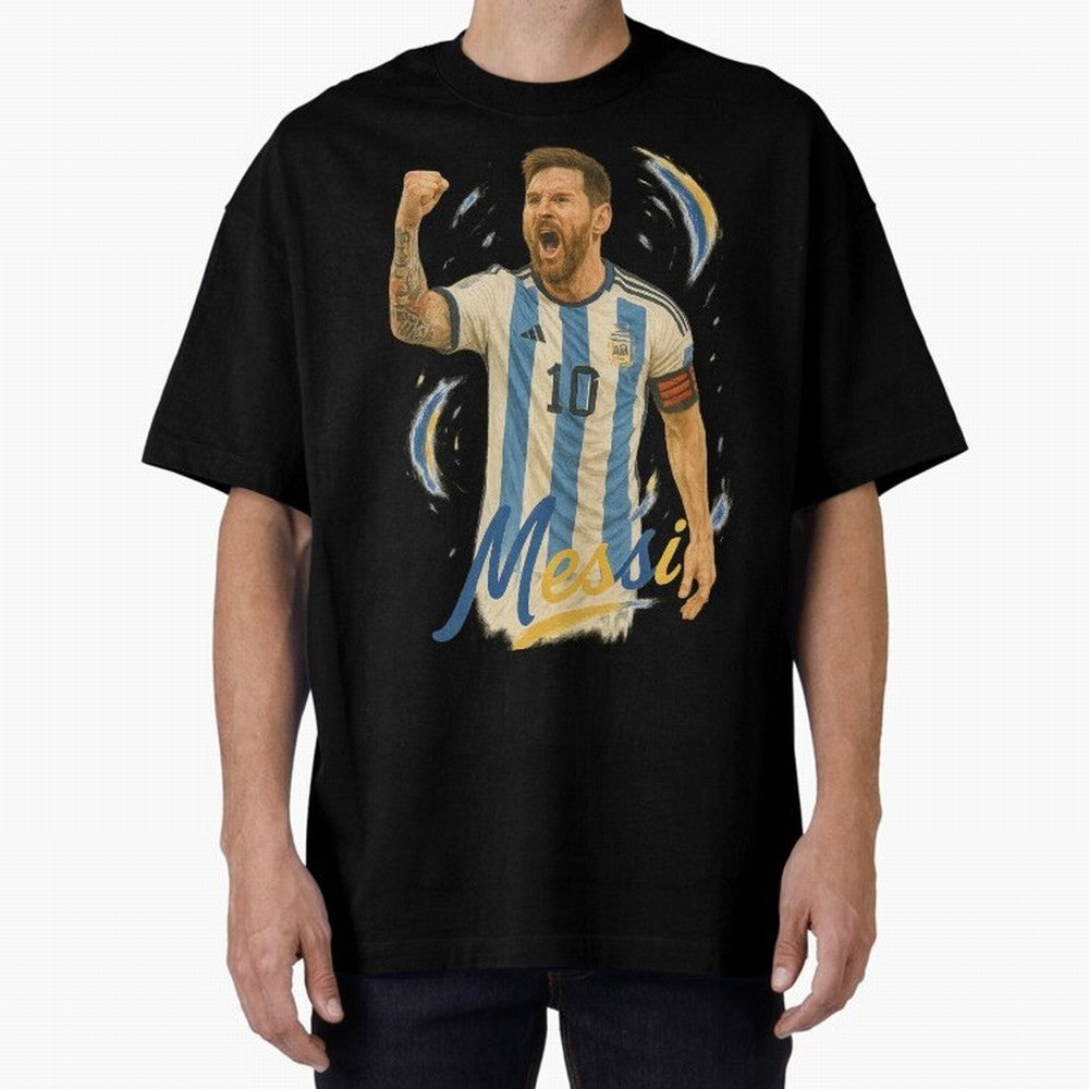 Lionel Messi Argentina Art ¨C Iconic World Cup Champion Tribute Design	 Oversized T-Shirt Upgrade FIFA World Cup 2026 USA Canada Mexico Centered on Messi, CR7 and Mbappe, Spain Energy, Retro Football Energy, Iconic Rivalries, Trophy Chase Drama and