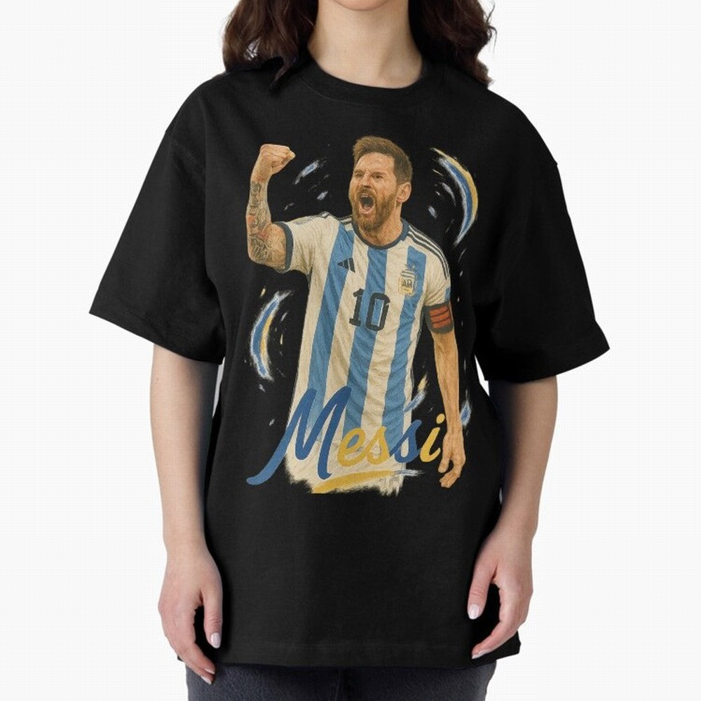 Lionel Messi Argentina Art ¨C Iconic World Cup Champion Tribute Design	 Oversized T-Shirt Upgrade FIFA World Cup 2026 USA Canada Mexico Centered on Messi, CR7 and Mbappe, Spain Energy, Retro Football Energy, Iconic Rivalries, Trophy Chase Drama and