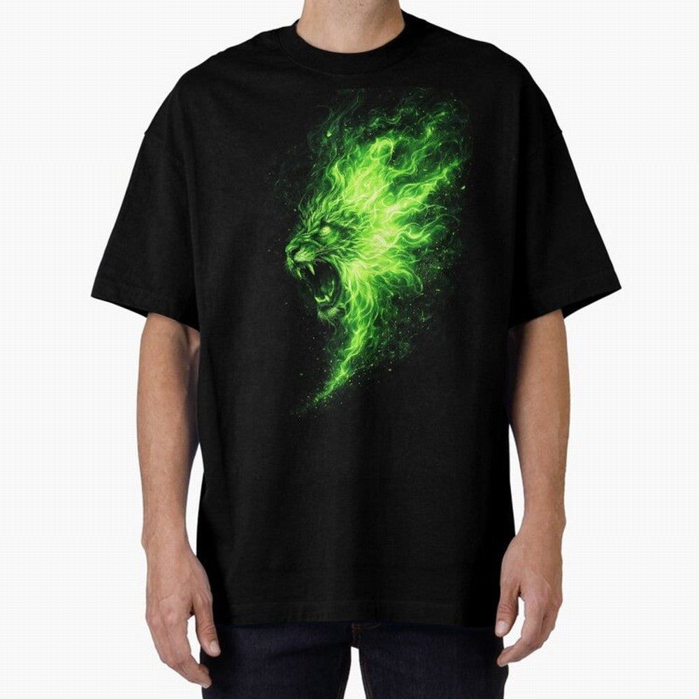 Neon Green Flame Lion ¨C Glowing Fire Roar Beast Graphic | Dark Aesthetic Streetwear Design Graphic T-Shirt Show Love for Legendary Goals in FIFA World Cup 2026 USA Canada Mexico Spirit, Featuring Brazil, Portugal and Argentina, Mbappe and Neymar,