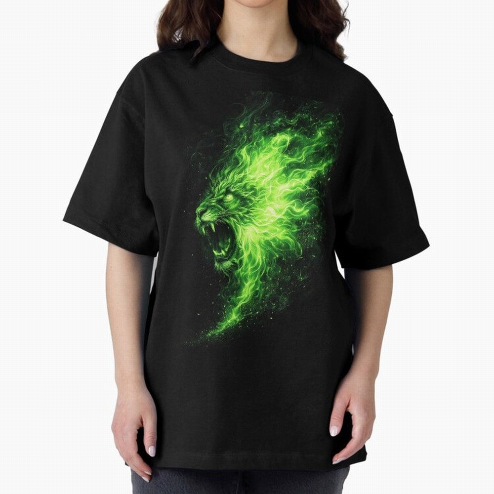 Neon Green Flame Lion ¨C Glowing Fire Roar Beast Graphic | Dark Aesthetic Streetwear Design Graphic T-Shirt Show Love for Legendary Goals in FIFA World Cup 2026 USA Canada Mexico Spirit, Featuring Brazil, Portugal and Argentina, Mbappe and Neymar,