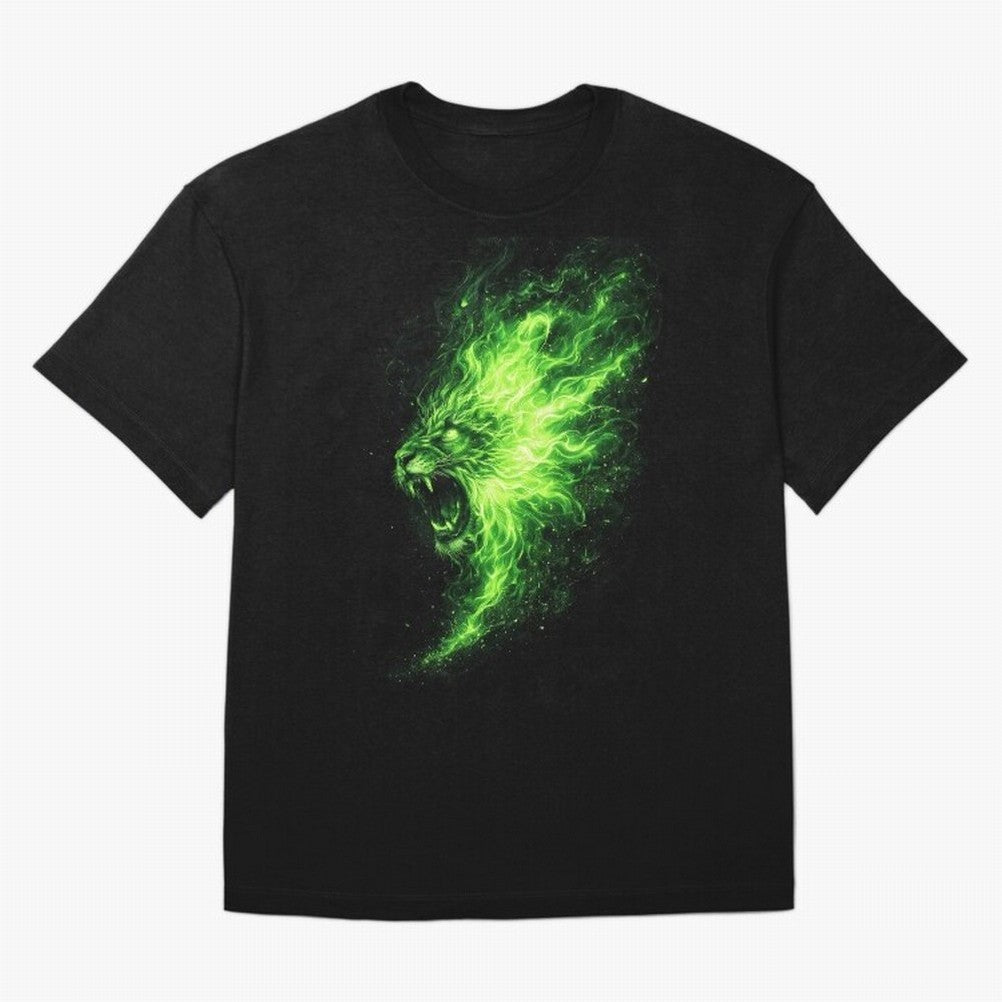 Neon Green Flame Lion ¨C Glowing Fire Roar Beast Graphic | Dark Aesthetic Streetwear Design Graphic T-Shirt Show Love for Legendary Goals in FIFA World Cup 2026 USA Canada Mexico Spirit, Featuring Brazil, Portugal and Argentina, Mbappe and Neymar,