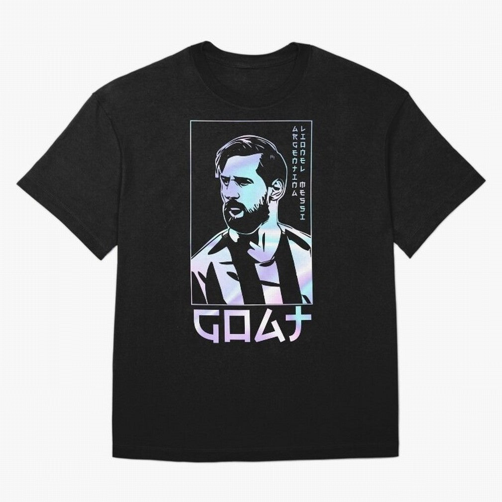 Lionel Messi Holographic Style Portrait art illustration Premium T-Shirt Relive the Noise and Pride of Global Football Passion for FIFA World Cup 2026 Group Stage, Driven by Haaland and Mbappe, Argentina and Brazil, Match Day Excitement, Supporter