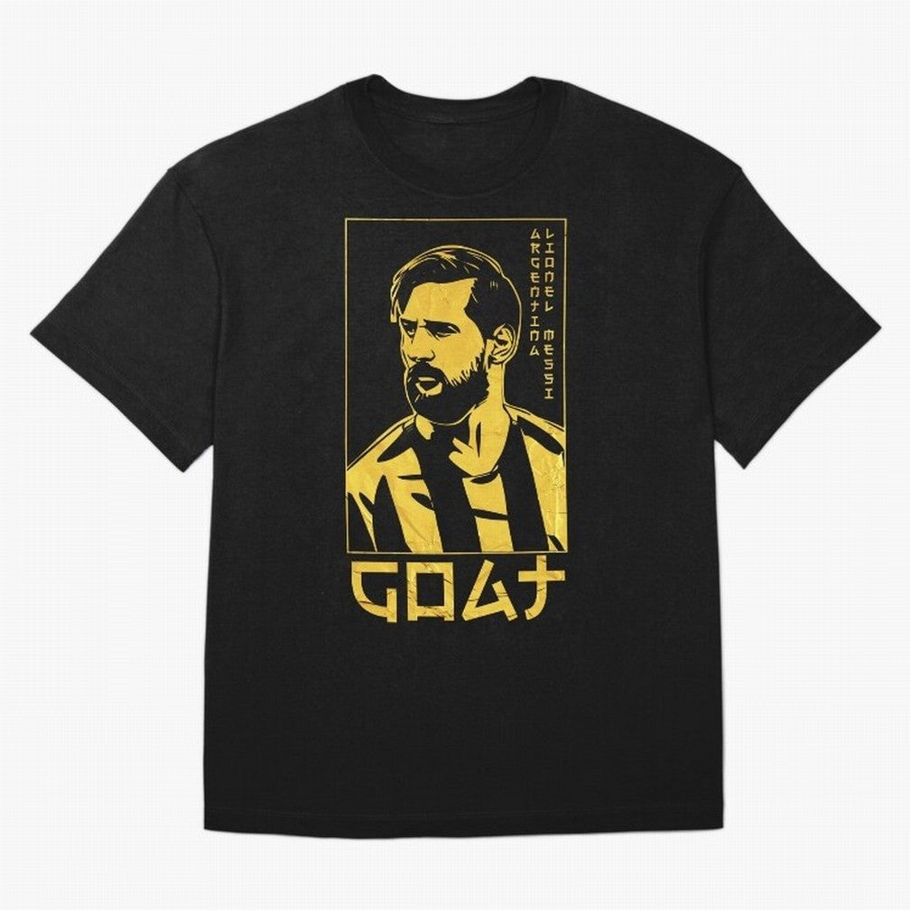 Lionel Messi Golden Style Portrait art illustration Premium T-Shirt Bring Supporter Culture to Match Day Hype around FIFA World Cup 2026 USA Canada Mexico, CR7 and Messi, France and Portugal, Stadium Chants, National Pride, Trophy Dreams and