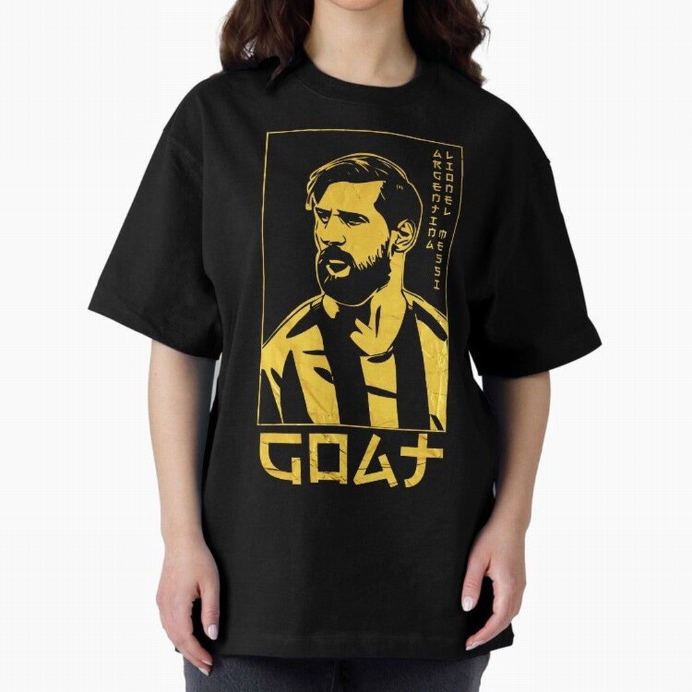Lionel Messi Golden Style Portrait art illustration Premium T-Shirt Bring Supporter Culture to Match Day Hype around FIFA World Cup 2026 USA Canada Mexico, CR7 and Messi, France and Portugal, Stadium Chants, National Pride, Trophy Dreams and