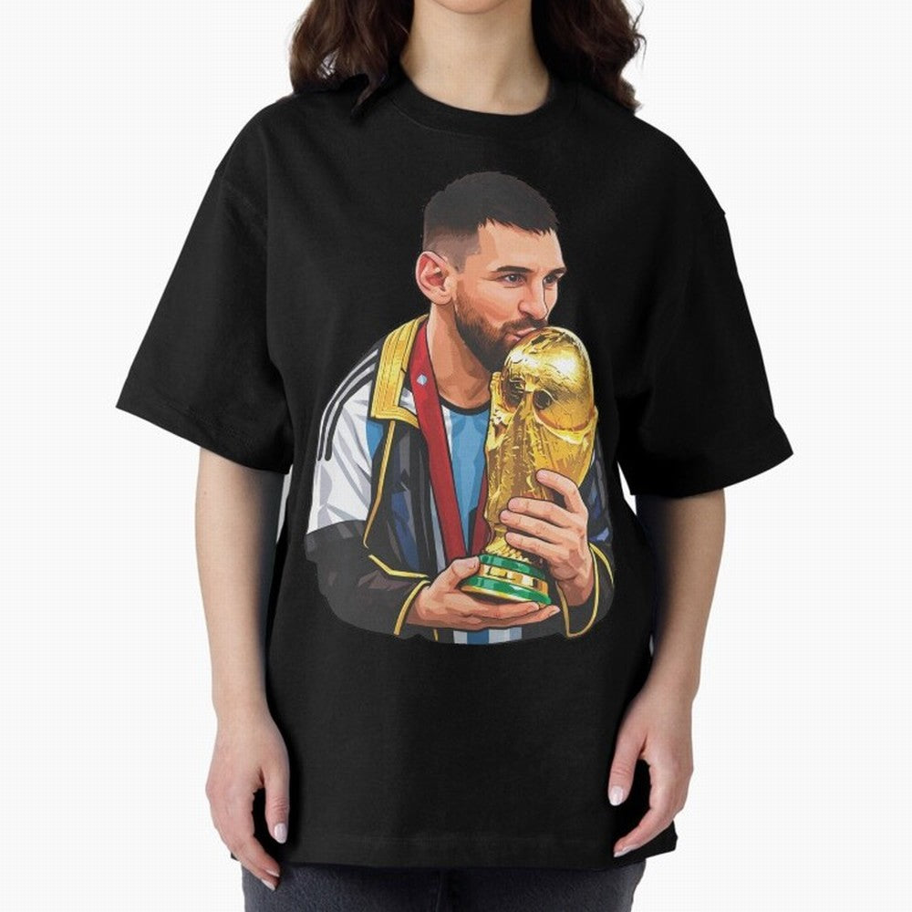 Messi celebrating the 2022 World Cup victory Classic T-Shirt Celebrate Rivalries and Pride in FIFA World Cup 2026 USA Canada Mexico for Fans of Messi and Cristiano Ronaldo and Argentina, Bringing Football History, Final Match Energy, Crowd Noise
