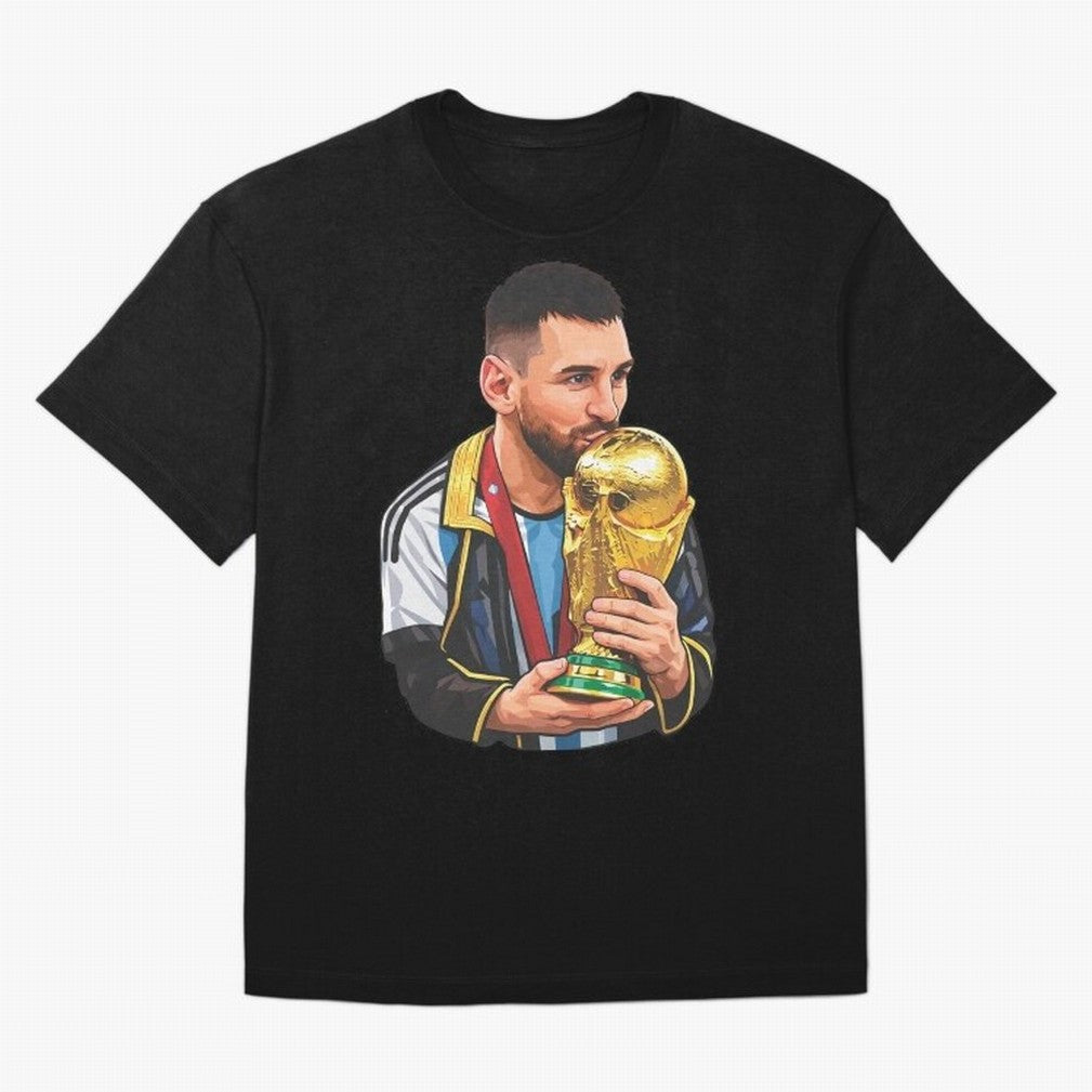 Messi celebrating the 2022 World Cup victory Classic T-Shirt Celebrate Rivalries and Pride in FIFA World Cup 2026 USA Canada Mexico for Fans of Messi and Cristiano Ronaldo and Argentina, Bringing Football History, Final Match Energy, Crowd Noise