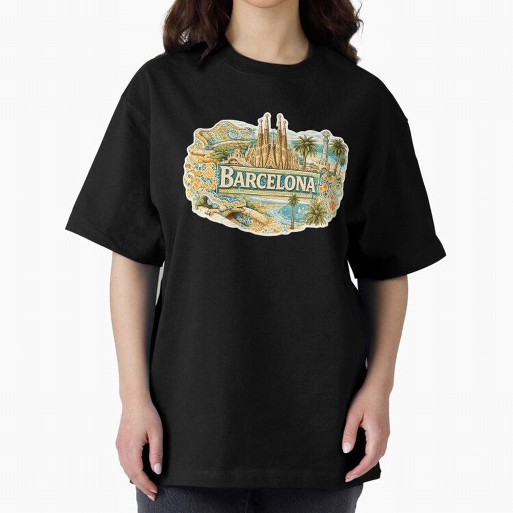 Barcelona Souvenir Sagrada Familia and Mosaic Design Oversized T-Shirt Capture FIFA World Cup 2026 Group Stage Filled with CR7 and Messi, Argentina and Brazil Energy, Retro Football Energy, Iconic Rivalries, Trophy Chase Drama and Stadium