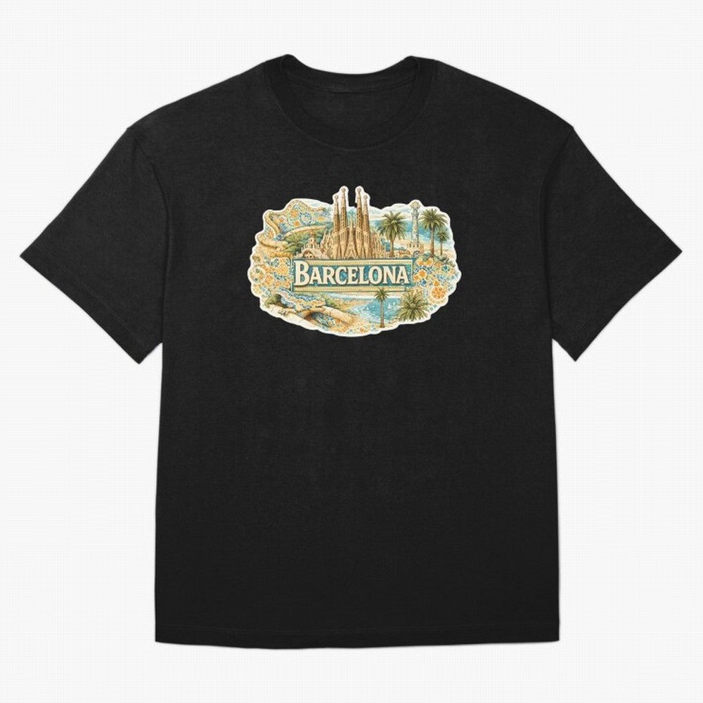 Barcelona Souvenir Sagrada Familia and Mosaic Design Oversized T-Shirt Capture FIFA World Cup 2026 Group Stage Filled with CR7 and Messi, Argentina and Brazil Energy, Retro Football Energy, Iconic Rivalries, Trophy Chase Drama and Stadium